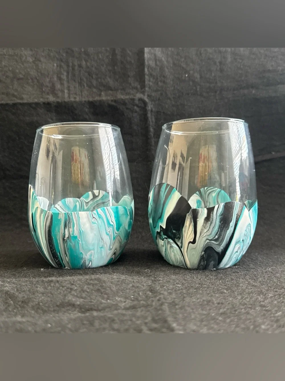 Water Marbled Stemless Wine Glasses Set Of 4 Handmade Unique Turquoise White